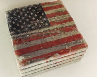 Distressed American Flag Coasters Natural Travertine Tile Tumbled Stone Table Coasters Set of 4 with Full Cork Bottom Rustic Flag