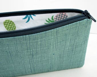 Long Zipper Pencil Pouch, Peek a Boo Pineapples, Muted Green, Zippered Bag