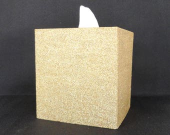 Gold Glittered Wood Tissue Box Cover