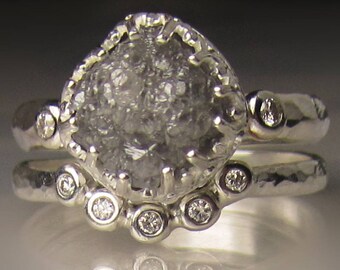 Raw Diamond Engagement Set, Raw Diamond Ring, Hammered Rough Diamond Ring, 3.90CTS