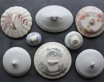8 Antique White Ironstone and Transferware Covers