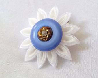 Cute Flower Hair Clip White and Ivory Kanzashi Organza Barrette Periwinkle