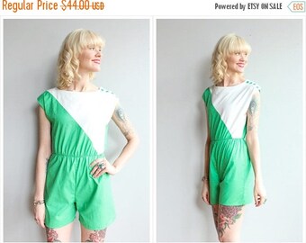 25% Off Sale // 1980s Romper // Two Tone Cotton Romper // vintage 80s romper