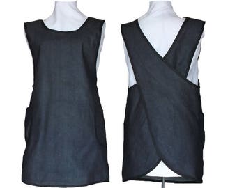 Denim Apron, Plus size Apron, Cross Back Apron - 6 oz Washed Denim - Made to Order Sizes L, XL, 2X, 3X, 4X, 5X