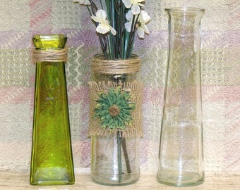 Boho Chic Upcycled Jar Green Flower Bohemian Hippie Chic Recycled Altered Farmhouse Home Decor