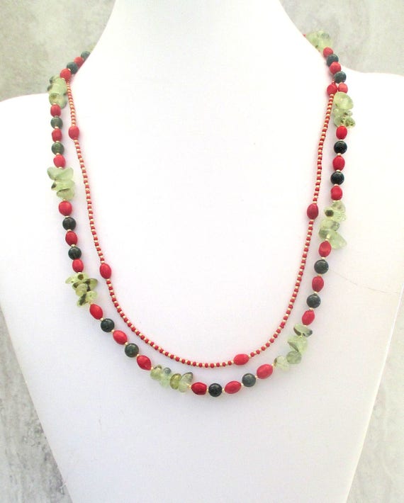 Red and Green Necklace Christmas Jewelry Multistrand Layered