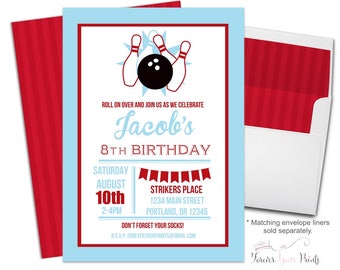 Bowling Party Invitation, Bowling Birthday Invitation, Printable Bowling Invitation, Kids Bowling Party, Bowling Party Invite, Red and Blue