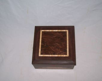 Small wood Box Wood Keepsake Box Art Deco Walnut Box Inlayed with Fancy Walnut top 5''x5''x3''
