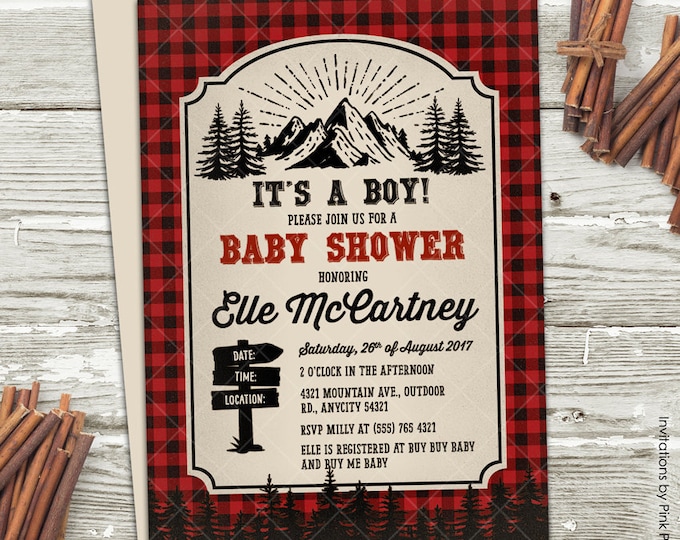 Lumberjack Baby Shower Invitation, Lumberjack Great Outdoor Camping Adventure Baby Shower Party Printable Invitation