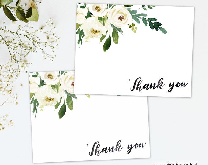 Dainty White Florals Printable Thank You Cards for Birthdays Baby Showers Bridal Showers or Any Occasion, Blank White Floral Thank You Card