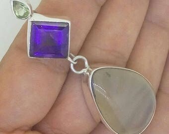 Purple Amethyst Peridot Druzy Pendant 925 Sterling Silver PN0499 E1143
