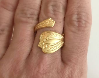 Gold Spoon Ring, vintage adjustable band wide wrap antique flatware handle birthday Christmas romantic gift gifts for girlfriend wife