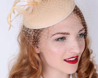 Champagne Fascinator - "Juliet" Champagne Round Felt Sinamay Hat w/ Feathers and Satin Ribbons