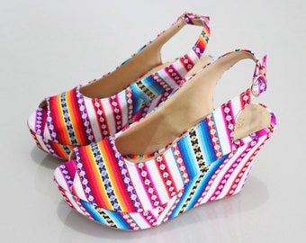 Peep Toe High Heels, Wedge Sandals, Unique Platform Shoes Made With Peruvian Fabric and Leather Lining, Pumps, Sexy Slingbacks - ASIRI