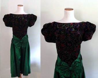 Vintage 1980s Puff Sleeve Velvet Taffeta Prom Dress Bridesmaid Size Small