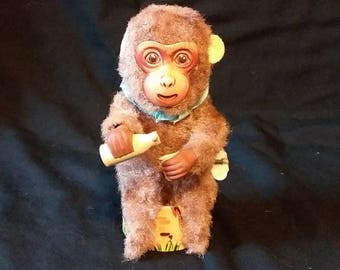 Vintage Japan Wind Up Mechanical Milk Drinking Monkey Toy