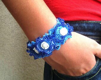 Royal Blue bracelet Blue jewelry Seed bead jewelry Beaded cuff bracelet Birthday gift Handmade bracelet, Freeform beadwork, Gift for women