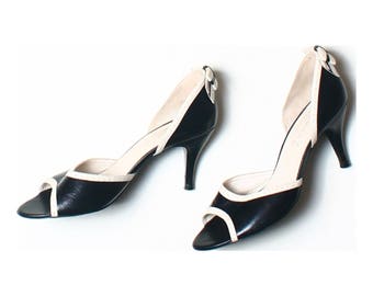 Next Black Leather Ankle Bow Peep Toe Shoes UK 6.5 US 9 EU 40