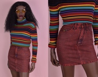80s Red Acid Wash High Waisted Denim Skirt/ 24 Waist/ 1980s