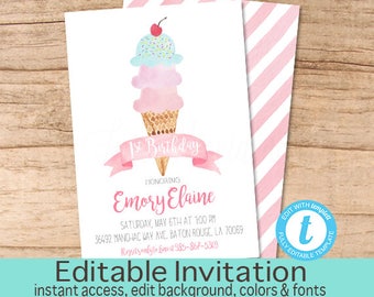 First Birthday Invitation, Ice Cream Birthday Invitation, Pink Ice Cream invitation, Editable Birthday Invitation, Instant Download