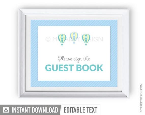 Hot Air Balloon Party - Guest Book Sign - Editable Sign - Boy Baby Shower - Blue Green - INSTANT DOWNLOAD - Printable PDF with Editable Text Il_570xn