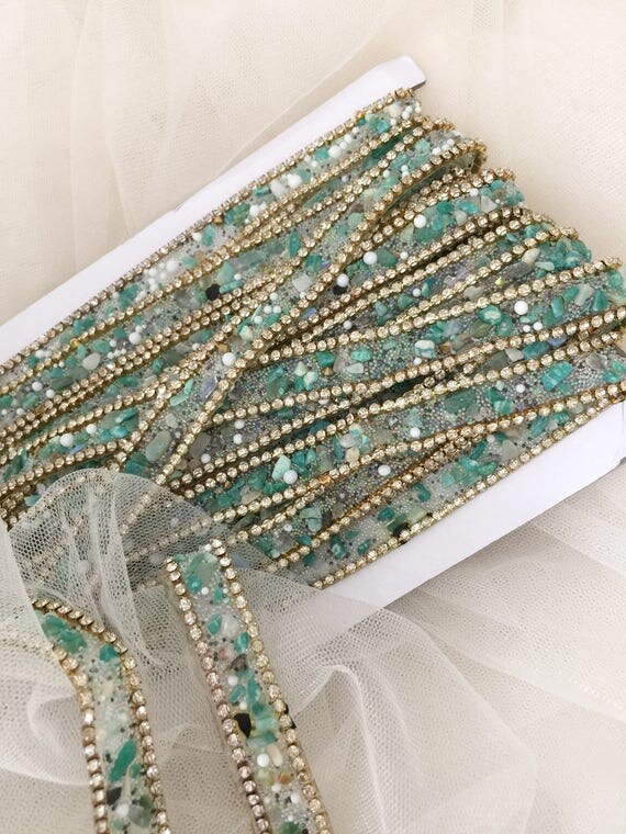Emerald Green Luxury beaded rhinestone trim by yard bridal