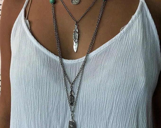 Layered necklace,Long Layering Necklace,Christmas gift,layer necklace,bohemian necklace,feather necklace,silver jewelry,silver necklace