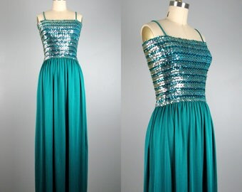 Vintage 1970s Dress 70s Teal Green Maxi Dress Evening Gown with Sequin Bodice Size M