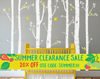 Birch Tree Wall Decals | Seven Birch Trees with Flying Birds | Baby Nursery, Children's Room Interior Designs | Easy Application 009