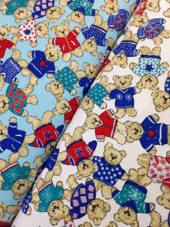 Teddy bear blue or white baby Flannel Fabric red blue green