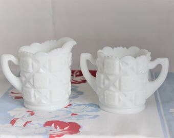 Vintage Westmoreland Milk Glass Diamond Quilt Pattern Sugar and Creamer