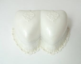 Vintage Heart Double Ring Box White Ring Holder Celluloid Plastic Display Box from TreasuresOfGrace