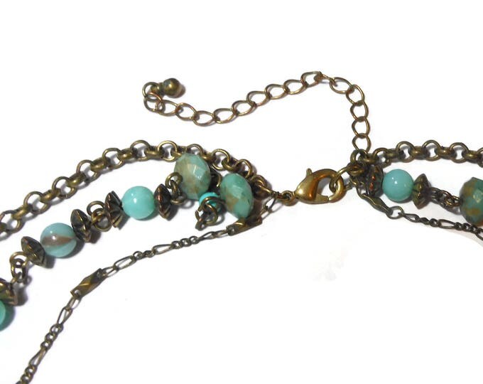 FREE SHIPPING Turquoise 3 strand necklace, dyed howlite magnesite, bronze chains, Boho tribal southwestern, statement light