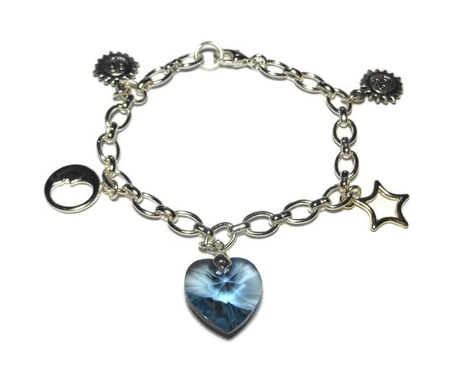 Celestial charm bracelet, denim blue Swarovski crystal heart focal sun moon stars charms silver plated rolo chain romantic wedding something