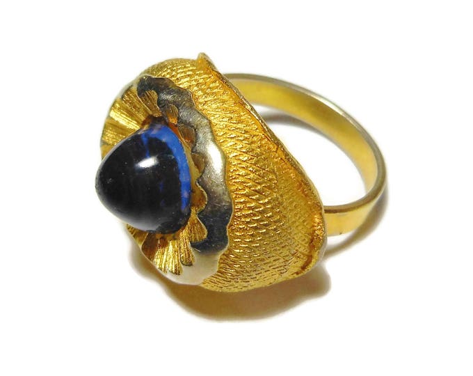 FREE SHIPPING Blue art glass ring, gold plated metal cone shaped blue glass cabochon fluted sliver plated edging, adjustable from 4 to 7 1/2