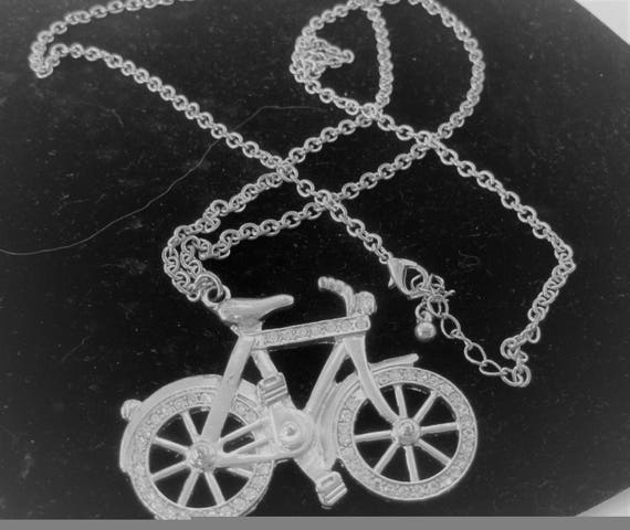 Bicycle Long Necklace - Silver Tone - Rhinestone Bike Pendant - 32 inch Long Chain Necklace