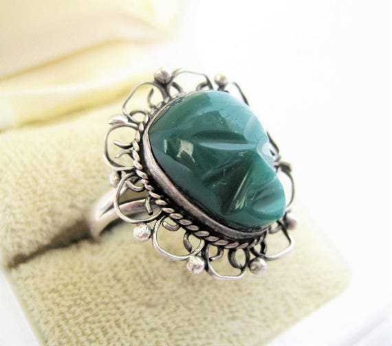 Sterling Tribal Face Ring - 925 Carved Green Onyx - Size 6 - Aztec Jewelry
