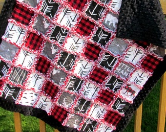 Red Black Gray & White Buffalo Plaid Rustic Lodge Woodland Stag Deer Arrow Print Minky Baby Rag Quilt- Stroller Blanket - Minky Baby Blanket