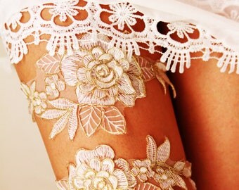 Wedding Garters Bridal Garter Set Bridal Shower Gift - Gold Ivory Lace Garter - Keepsake Garter Toss Garter Included Wedding Gift