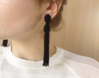 Beaded Tassel Clip-On Earrings Black (made to order)