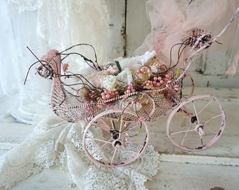 Handmade lace ribbon bird nest in vintage wire stroller carriage decoration shabby cottage chic millinery flowers decor anita spero design