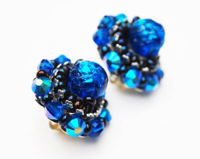 Hobe Bead Cluster earrings - Blue Art Glass - silver black - clip on earring