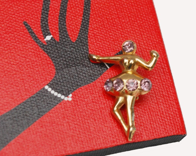 Ballerina Brooch Pink rhinestone - gold figurine Dancer pin