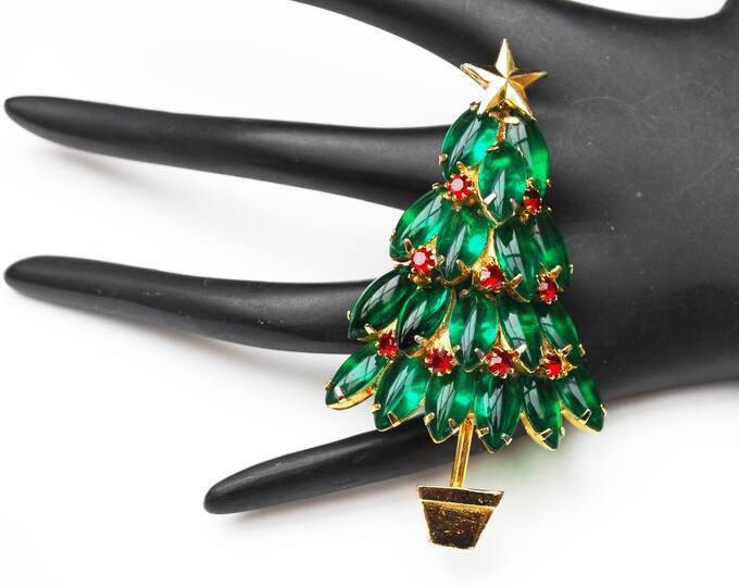 Large Rhinestone Christmas Tree Brooch - Green Red crystal Stones - Open back gold plated - 3 inch Holiday Pin