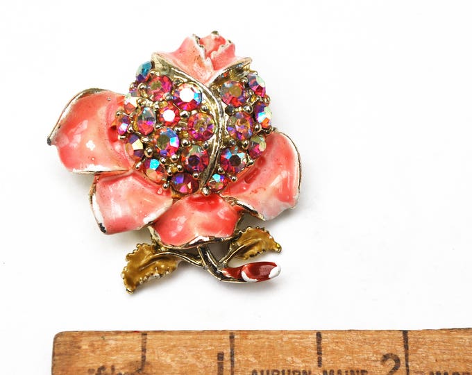 pink Flower Brooch -Enamel -Aurora borealis Rhinestone - Mid Century floral Pin