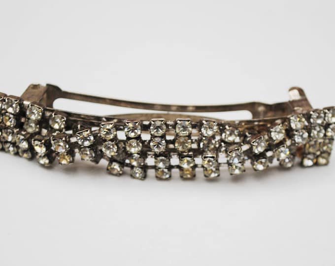 Rhinestone Barrette Hair clip - Signed Made in France - Clear crystal silver