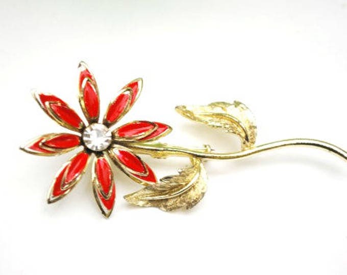 Enamel Flower Brooch earring set - orange red gold metal - Clear Rhinestone - Mid Century