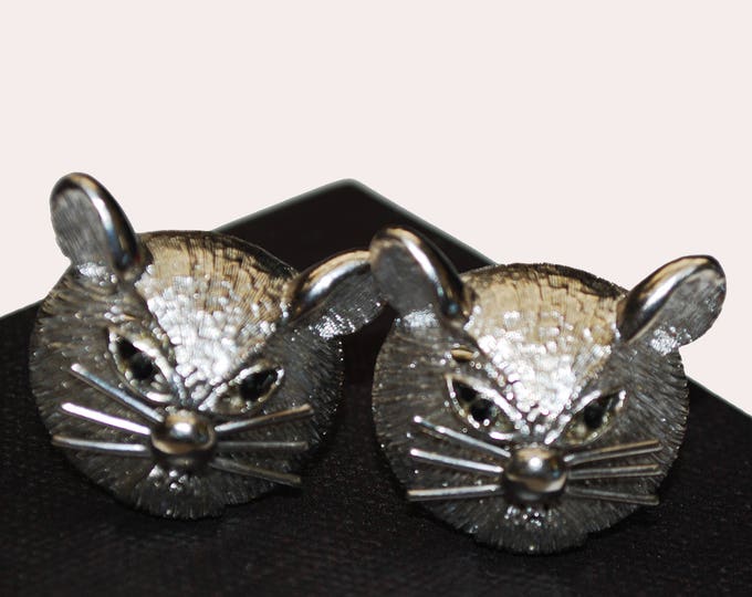 Silver Cat Cuff links - feline cufflink - black rhinestone - pat pend signed - Kitty cat head