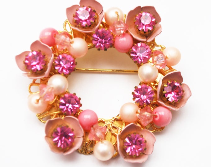 Pink Rhinestone Wreath Brooch - white pearl -enamel - Floral -gold wire wrap pin