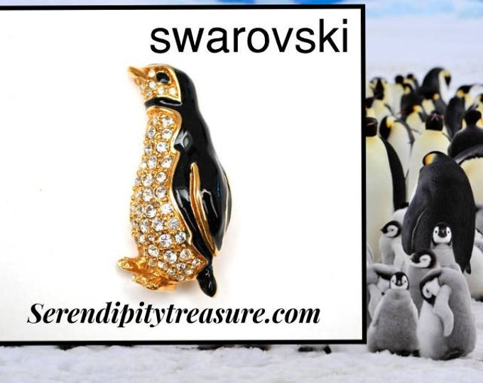 Swarovski Penguin Brooch - Swan signature clear rhinestone - Black enamel - gold metal - Figurine Pin